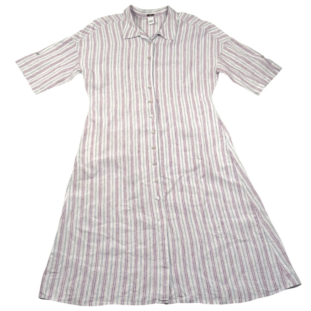 Magaschoni Shirt Dress Womens Large White Purple Striped Linen Roll Tab Midi